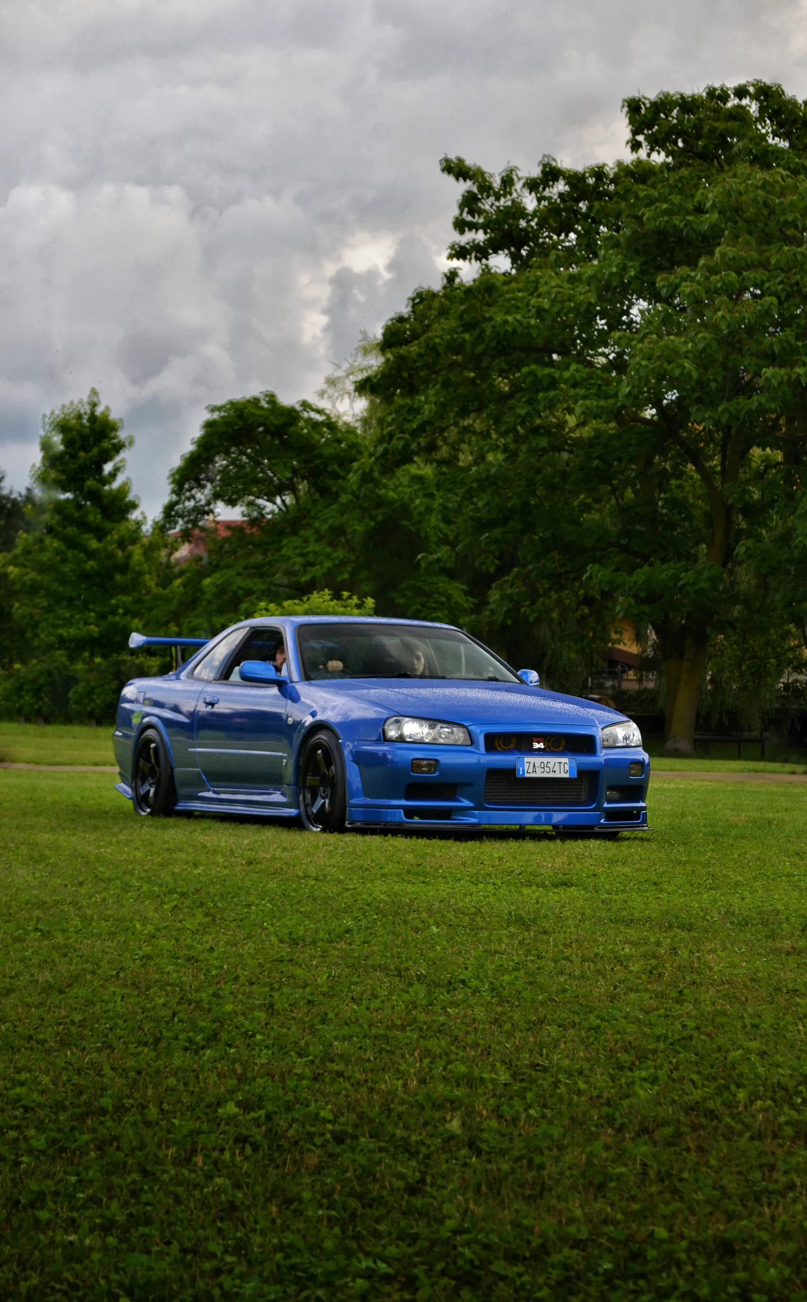Blue Nissan Skyline GT-R on a lawn under a cloudy sky